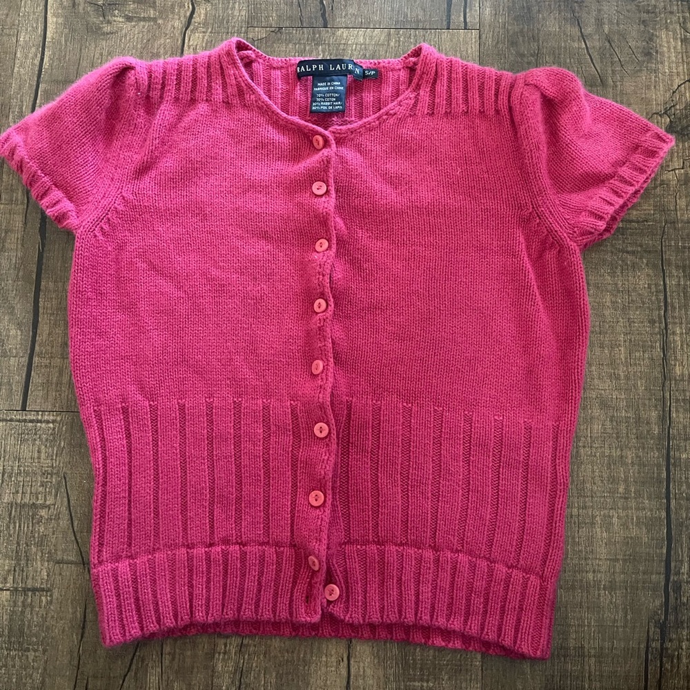 Ralph Lauren Pink Short Sleeve Sweater Cotton and Angora Rabbit Hair Buttons